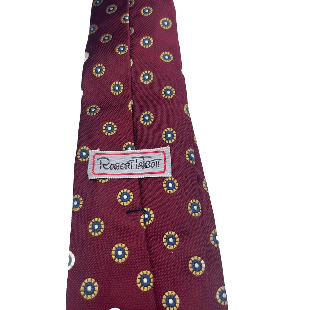Vtg Robert Talbott woven in England Silk  Tie.  Red with design in Blue and Gold